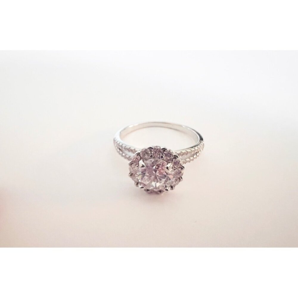 Sterling Silver Moissanite Anniversary Ring With Halo Design Size 8.5